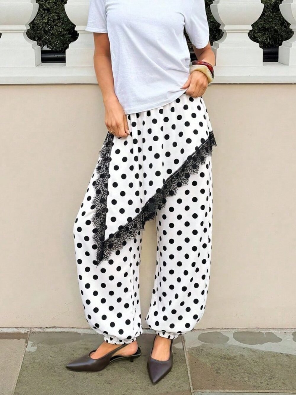 White Casual Women's Polka Dot Lace Elastic Waist Pants